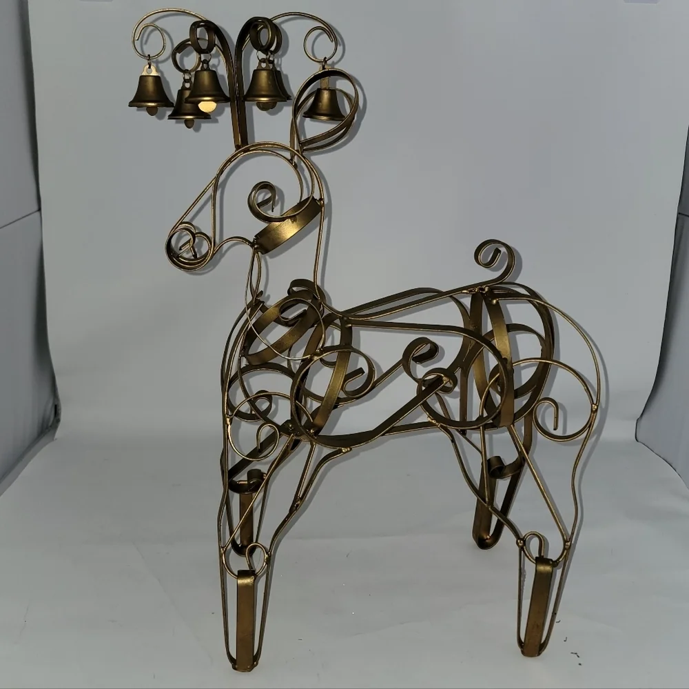 Large Metal Reindeer Gold Colored Christmas Bells on Antlers Estate